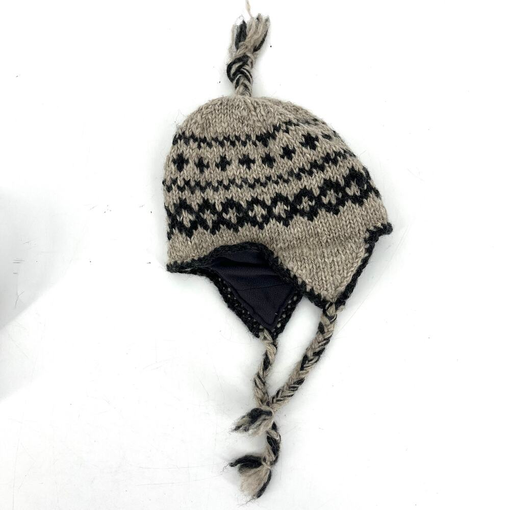 Kyber 100% Kids Brown Wool Knit Hat Ear Flaps Tassels Fleece lined Made Nepal